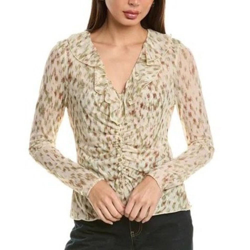 Cabi Dapple Mesh Ruffle Front Ruched Top XL Green Brown‎ Abstract Retro Y2K